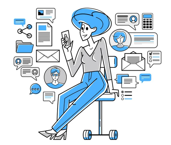 Phone Working Online Person Doing Some Job Vector Outline Illustration — Vector de stock