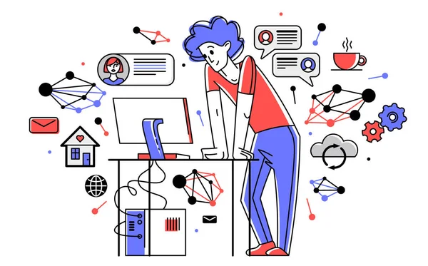 Freelancer Working Home Vector Outline Illustration Self Employed Person Busy — Stockvektor