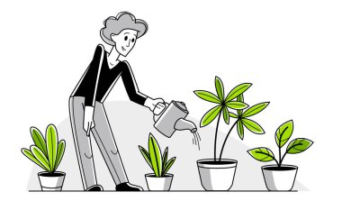 Green indoor plants for office or home vector outline illustration, young man work with greenery.