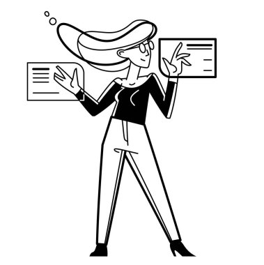 Data systematization, collecting and analyzing information, woman intellectual worker making analysis of some data on pc or web, vector outline illustration.