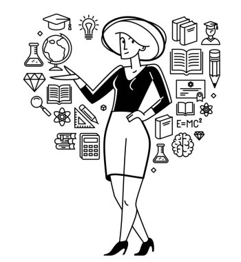 Education in university or collage, student is doing homework or preparing for exam, vector outline illustration, study sciences and graduate.