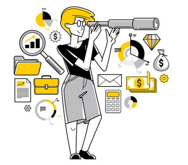 Business person looking for opportunities vector outline illustration, leader entrepreneur search for benefit in telescope, future strategy for commerce.