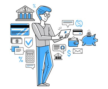 Online banking vector outline illustration, manager working with finances or customer manages his account with deposit or credit, e-banking.