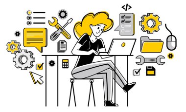 Technician computer engineer woman repairing pc vector outline illustration, fixing system work with software and hardware, system administrator.