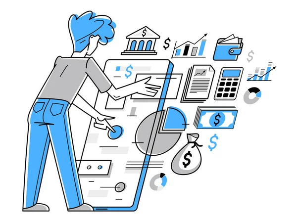 Financier Working Finances Online Vector Outline Illustration Investment Tax Budget — Stock Vector