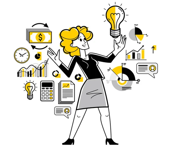 商界女性对于发展或新创企业有一个很好的想法 创新创业者手中的灯泡解决方案 矢量轮廓图解 — 图库矢量图片