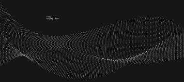 Hareket vektöründeki gri noktalar siyah üzerine soyut arkaplan, parçacıklar dalgalı akış dizisi, hareket, teknoloji ve bilimsel illüstrasyondaki eğri çizgiler.