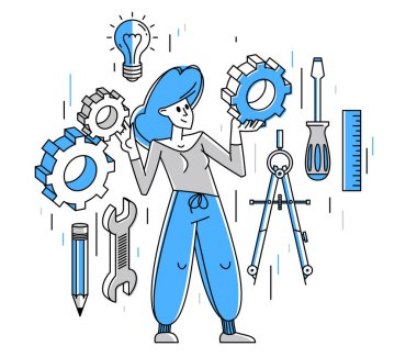 Engineer working on a project, mechanic specialist doing his job on draft plan vector outline illustration, creative inventor, machine repair.