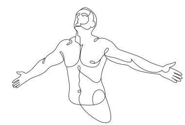Man with spread hands showing pose of freedom like feeling that he can fly, vector linear illustration, emotional concept of feel free and happy.