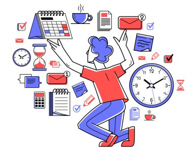 Time management vector outline illustration, worker planning deadline and prioritize tasks, business productiveness agenda, zero hour.