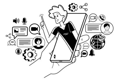 Video chat, young people are speaking remote about business and work, vector outline conference, online chatting team of workers, online conference webinar.