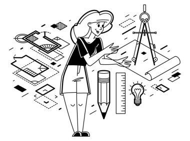 Construction engineer working on a project, building architecture designer vector outline trendy illustration, professional in a work line drawing. Occupation builder architect.