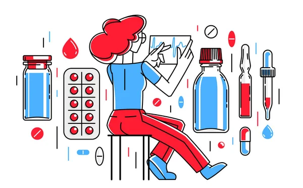 Pharmacist Working Different Medicine Outline Vector Illustration Doctor Checking Drugs — Stok Vektör
