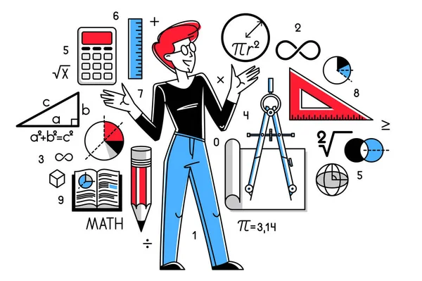 数学教育矢量与学生学习数学或教师讲解课 数学家从事一些理论科学工作 — 图库矢量图片