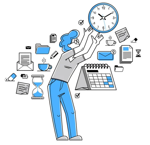Business Worker Planning Tasks Create Time Management Vector Outline Illustration — Wektor stockowy
