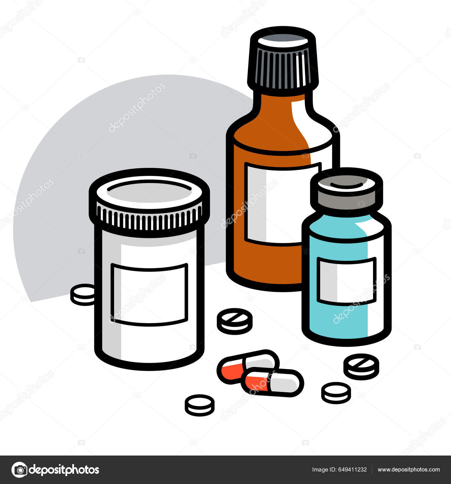 Medicamentos Dos Desenhos Animados. Diferentes Pílulas E Garrafas