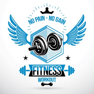 Vector winged graphic symbol created with disc weight dumb-bell and royal crown. Gym conceptual vector emblem