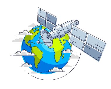 Dünya, uzay uçuşu, güneş panelleri ve uydu anten plaka ile iletişim uzay uzay istasyonu çevresinde yörüngede uydu. İnce çizgi 3d vektör çizim.