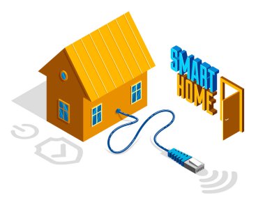 Akıllı ev IOT konsepti elektronik modern ev vektörü izometrik illüstrasyon, akıllı güvenlik, uygulama uzaktan otomatik gelecek teknolojisi.