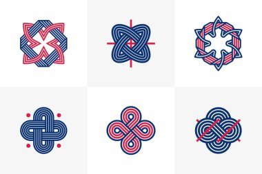 Logo oluşturma için grafik tasarım ögeleri, iç içe geçmiş çizgiler vintage biçim simgeleri koleksiyonu, soyut geometrik doğrusal semboller vektör kümesi.