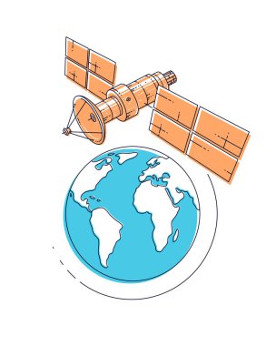 Dünya 'nın etrafında uydu uçuşları, iletişim teknolojisi uzay aracı güneş panelleri ve uydu anten plakalı uzay istasyonu. İnce çizgi 3d vektör çizimi.