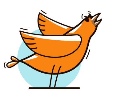 Beyaz üzerinde izole edilmiş komik karikatür tavuk düz vektör çizimi.