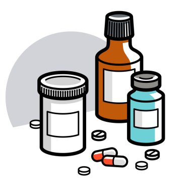 İlaç temalı ilaç temalı tıbbi şişeler 3 boyutlu vektör illüstrasyonu izole edilmiş, ilaçlar ve uyuşturucular, sağlık ilaçları karikatürü, vitaminler veya antibiyotikler, basit doğrusal tasarım.