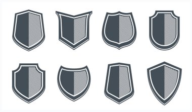 Klasik kalkan vektör seti, cephane amblemi koleksiyonu, savunma ve güvenlik simgeleri, boş ve boş tasarım ögeleri.