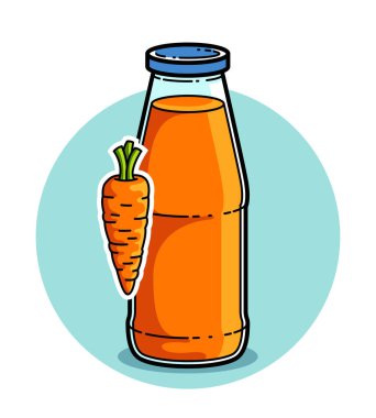 Beyaz arka plan vektör illüstrasyonuna izole edilmiş havuç suyu, saf taze meyve suyu için çizgi film tarzı logo veya rozet, lezzetli ve sağlıklı diyet yiyecek içeceği.. 