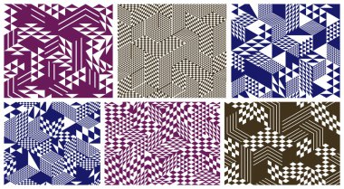 Kusursuz küp vektör arka plan kümesi, eşkenar dörtgen ve üçgen kutular yinelenen fayans kalıpları, 3D mimari ve yapı, geometrik tasarımlar.