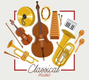 Klasik müzik enstrümanları poster vektör düz çizim, klasik orkestra akustik el ilanı veya afiş, konser veya festival canlı müziği, müzik aletlerinin çeşitliliği.