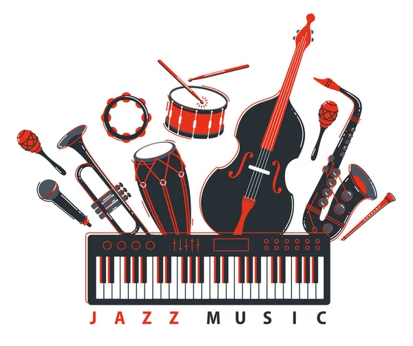 爵士乐队的概念不同的乐器向量平面插图孤立在白色背景 现场音乐节或音乐会 音乐家不同的乐器集合 — 图库矢量图片
