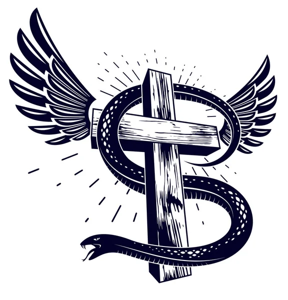 Serpiente Una Cruz Tatuaje Vintage Serpiente Envuelve Alrededor Cruz Cristiana — Vector de stock