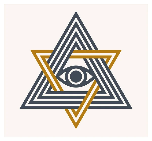 ダビデの星のすべての目を見るベクトル古代のシンボル近代的な線形スタイルで白 神の目 マゾニックサイン 秘密の知識の上に孤立Illitati — ストックベクタ