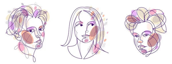 Woman Beauty Face Vector Linear Illustrations Set Delicate Line Art — Stockvektor