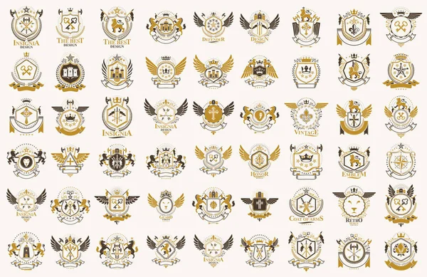 Classic Style Emblems Big Set Ancient Heraldic Symbols Awards Labels — Stock Vector