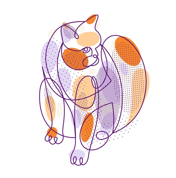 Fat Lazy Cat Line Art Vector Illustration Linear Drawing Pussycat — ストックベクタ