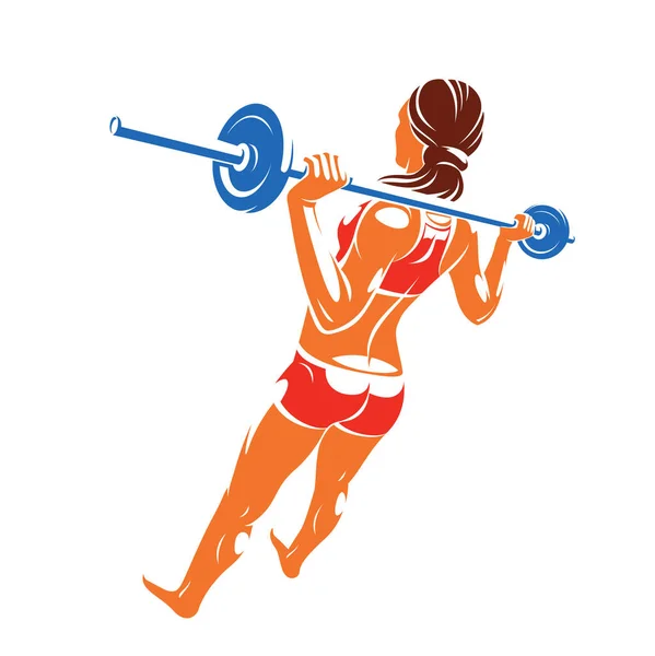 Push Barbell Gym Fitness Vector Illustration Young Attractive Woman Doing — Stock Vector