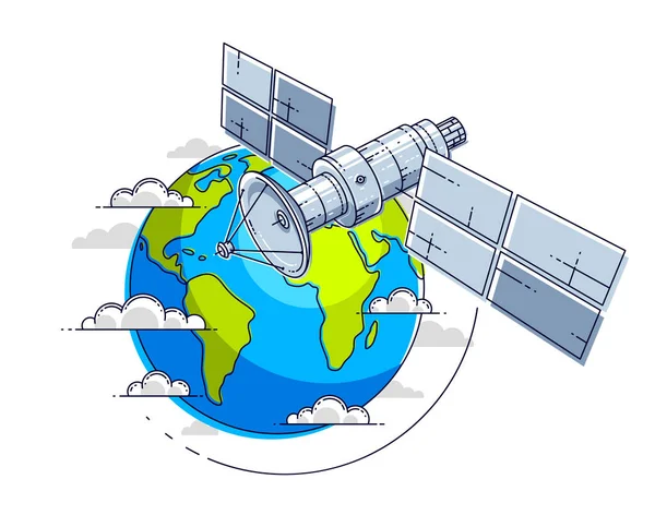 Спутниковая Орбита Вокруг Земли Космический Полет Космическая Станция Связи Солнечными — стоковый вектор