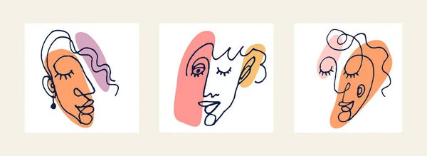 要約女性の顔ベクトルアートワークセット 現代のトレンディーな女性の肖像画アート 手描きのシュールな美しさ 最小限の芸術デザイン 描かれたスール人間の頭 — ストックベクタ