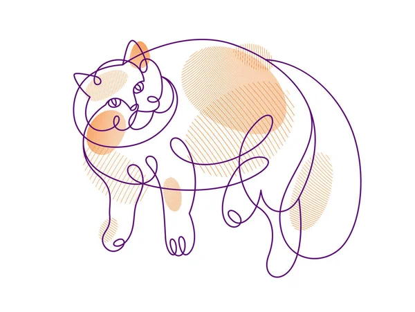 Fat Lazy Cat Line Art Vector Illustration Linear Drawing Pussycat — Stock Vector