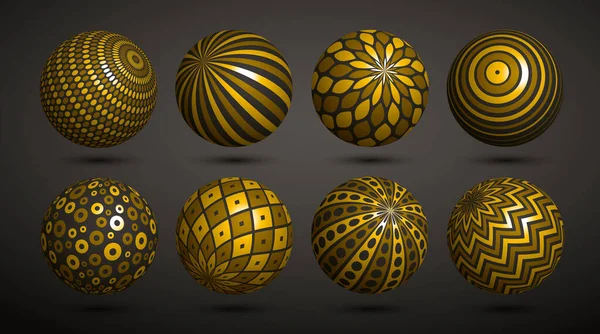 現実的な黄金の装飾された球体ベクトルイラストセット パターンを持つ抽象的な美しいボール 3Dグローバルデザインコンセプトコレクション — ストックベクタ