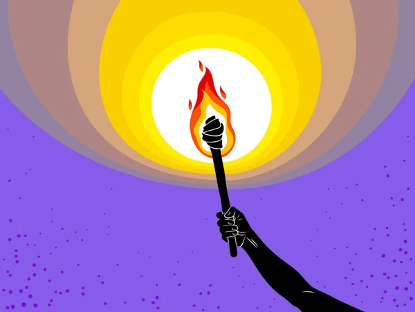 手に持ち上げられたトーチは 暗いベクトルイラスト プロメテウス 火の炎を照らし 暗い概念的な寓意芸術に光をもたらします — ストックベクタ