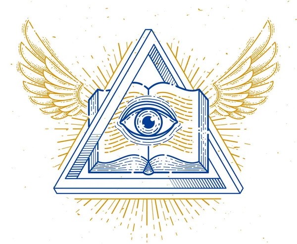 Secret Knowledge Vintage Open Winged Book All Seeing Eye God — Stock Vector