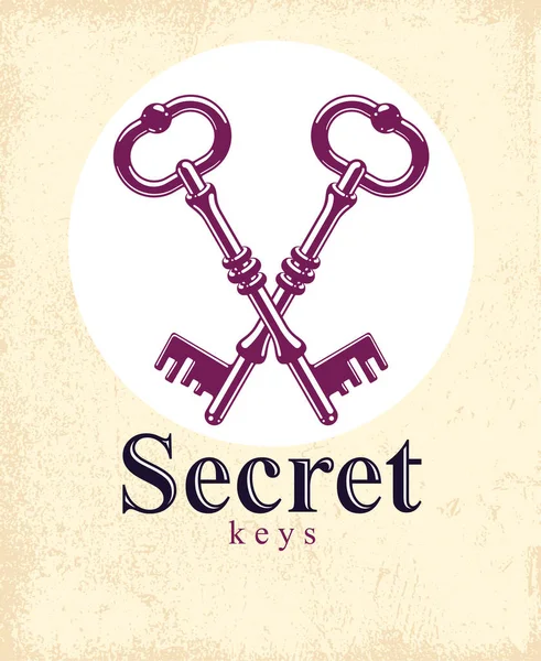 stock vector Crossed keys, vintage antique turnkeys vector logo or emblem, protected secret, electronic data protection, keys to heaven, hotel label, keep secret.