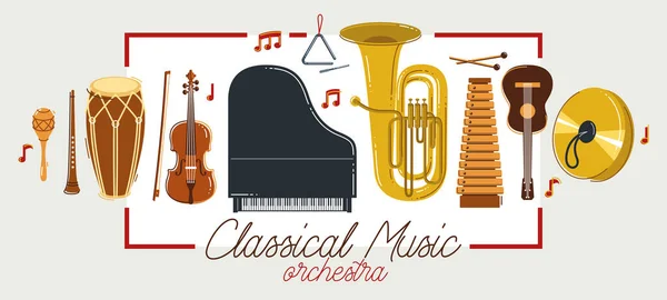 Κλασικά Μουσικά Όργανα Αφίσα Διάνυσμα Επίπεδη Στυλ Εικονογράφηση Κλασική Ορχήστρα — Διανυσματικό Αρχείο