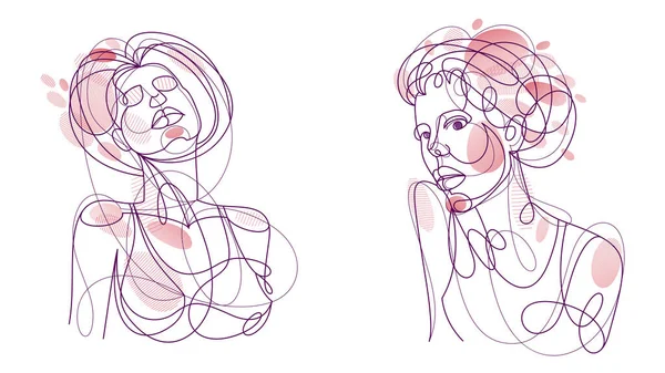 Woman Beauty Face Vector Linear Illustrations Set Delicate Line Art — Stockvector
