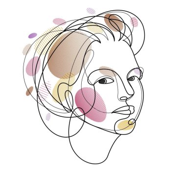 Woman beauty face vector linear illustration, delicate line art of attractive girl portrait, abstract feminine drawing minimal style isolated.