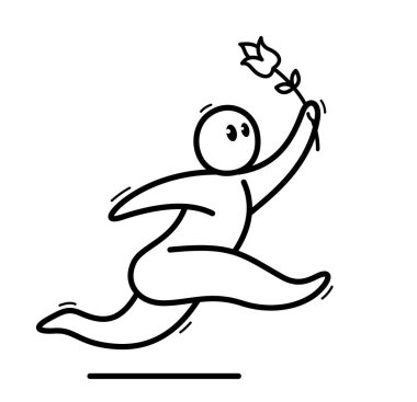 Komik karikatürcü, elinde çiçeklerle koşan romantik aşık vektör düz çizim tarzı beyaz, sevimli ve pozitif küçük adam çizimi ya da ikon.