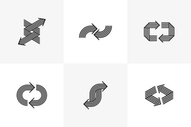 Kavramsal ok vektör logoları izole edilmiş, çift ok sembolü pictogram koleksiyonu, çizgi ok simgesi.